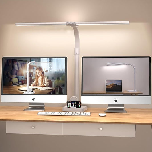 Double Head LED Desk Lamp, Architect Desk Lamps for Home Office, 24W Brightest Workbench Office Lighting-5 Color Modes and 5 Dimmable Eye Protection Modern Desk Lamp (White-Desktop, Big)-DeskLoop Office