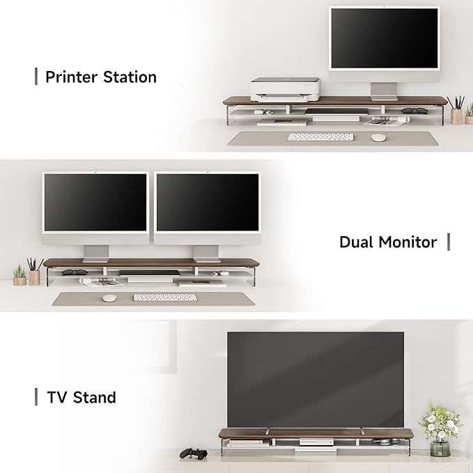 Fenge Acrylic Monitor Stand Riser, 42.5 Inches Dual Monitor Stand with Metal Storage, 2 Tier Acrylic Computer Riser for Desk, Clear Laptop Stand for PC, Laptop, Printer, TV, Brown-DeskLoop Office