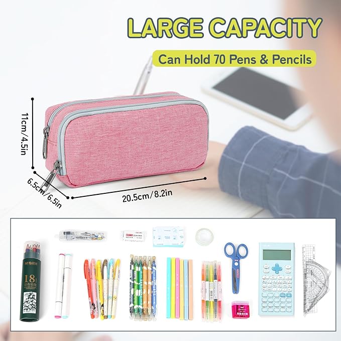 Della Gao Big Capacity Pencil Pen Case Nylon Large Pencil Pouch Simple Stationery Bag Office Organizer Pen Bag for Men Women - Pink-DeskLoop Office