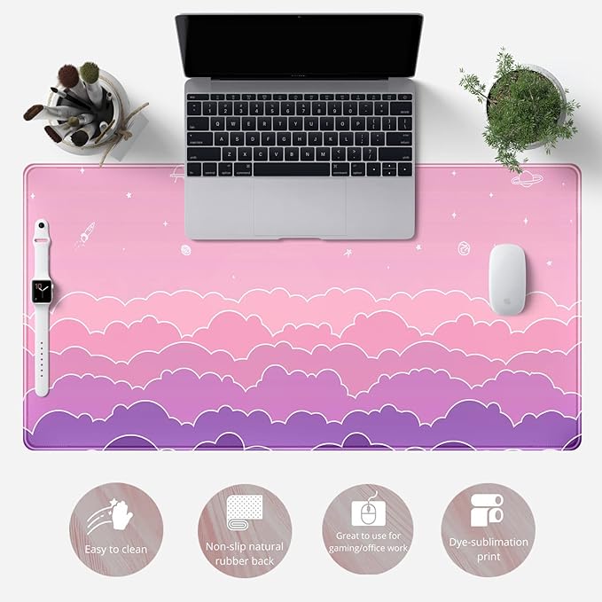 Kawaii Mouse Pad Desk Gaming Accessories Cute Clouds XXL Mouse Pad Pink Anime Office Decor Desk Mousepad Large, 31.5x15.7in Extended Keyboard Mousepad for Desk Girl with Stitched Edges Non-Slip-DeskLoop Office