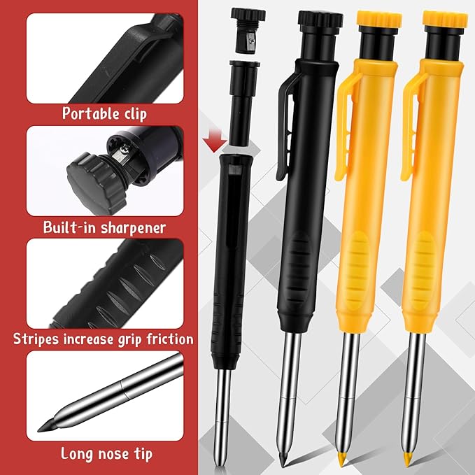 8 pack 2.8mm Mechanical Carpenter Pencils with 48 Refills, Construction Pencils with Built-in Sharpener, Long Nib Deep Hole Marker, Heavy Duty Woodworking Tools (Black+yellow)-DeskLoop Office