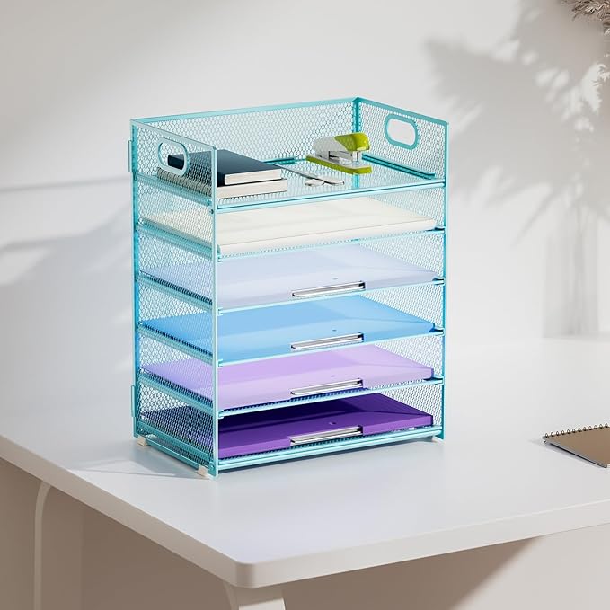 Marbrasse 6 Tier Paper Organizer Letter Tray - Mesh Desk File Organizer with Handle, Paper Sorter for Letter/A4 Office File Folder Holder -Blue-DeskLoop Office