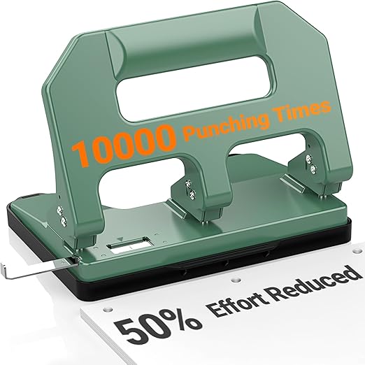 3 Hole Punch Heavy Duty, AFMAT 3 Hole Puncher for Binder, 10000+ Punching Times, 40-Sheet Three Hole Punch, Metal Hole Puncher 3 Ring, 50% Reduced Effort, Bulit-in S.S. Paper Guide, Green-DeskLoop Office
