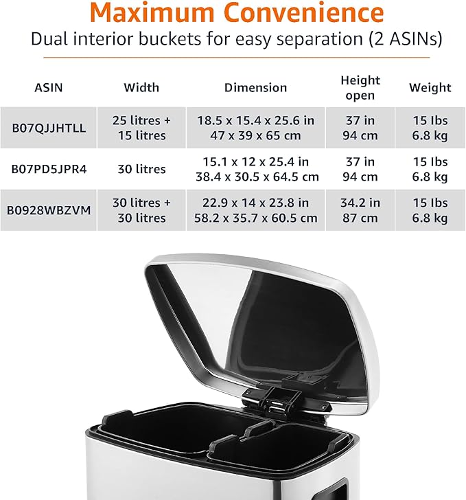 Amazon Basics Dual Compartment Recycling Trash Can with Soft-Close Lid and Removable Liner Buckets, 60 Liters, Rectangular, Grey, Silver-DeskLoop Office