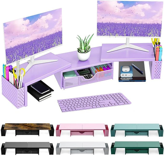 Spacrea Metal Desk Organizers and Accessories, Dual Monitor Stand Riser with Drawer and 2 Pen Holders, Desk Accessories & Workspace Desktop Organizers for Office Supplies (Purple)-DeskLoop Office