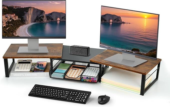 Dual Monitor Stand Riser, Desk Organizer with Drawer, Desk Organizers and Accessories, Workspace Organization Computer Monitor Stand for Laptop, Printer, TV, Office Supplies, Rustic Brown-DeskLoop Office