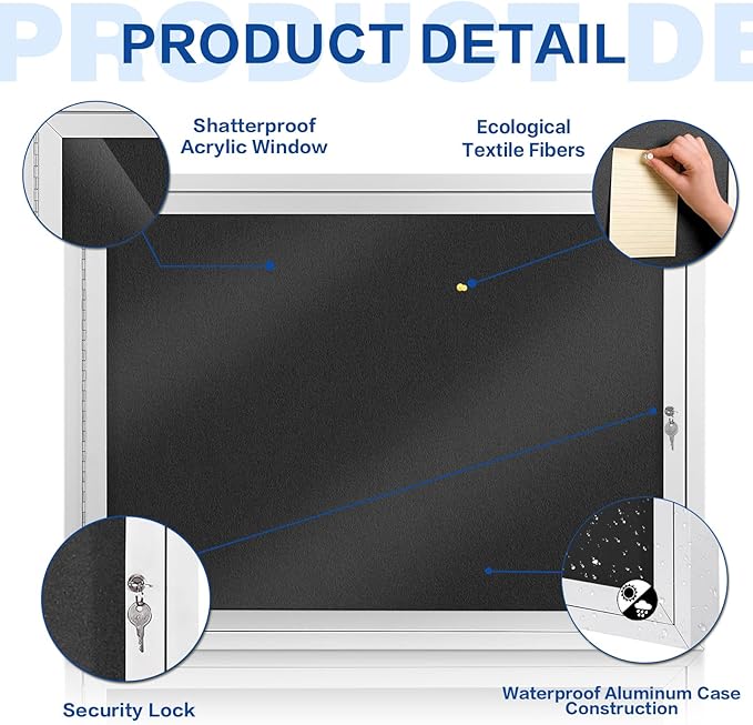 SWANCROWN Enclosed Bulletin Board Weatherproof 37x28in, Outdoor Lockable Bulletin Board Wall Display Case for Office School Commerce, Black Felt, Sliver Aluminum Frame (8xA4)-DeskLoop Office