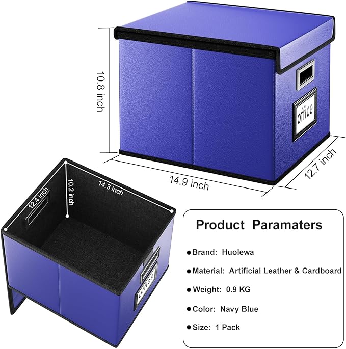 Huolewa File Organizer Box with Lid, Collapsible Leather File Folder Organizer for Office Document Storage, Filing Box with Plastic Slide for Letter/Legal Size Hanging Files,Navy Blue-DeskLoop Office