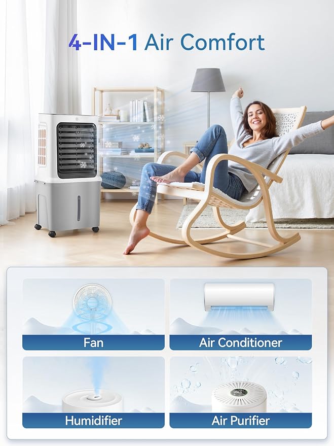 10 Gal Evaporative Air Cooler, 3000CFM Quiet Portable Air Conditioners, 35" Fast Cooling Swamp Cooler, 120° Oscillation, 12H Timer, 3 Speeds & Modes Remote Control for Living Room|Bedroom|Garage-DeskLoop Office