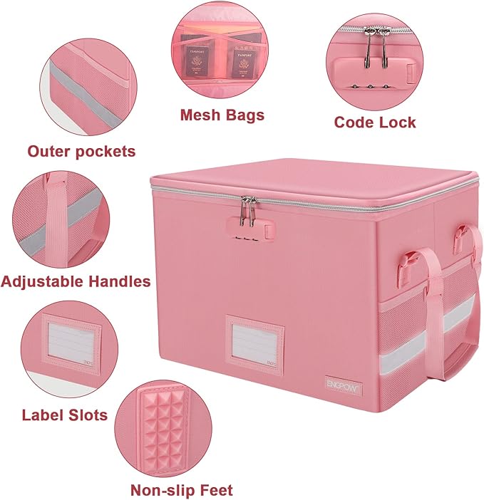 ENGPOW File Box with Lock, Fireproof Document Box with Pockets, Collapsible File Organizer Filing Storage Cabinet with Handle, Portable Home Office Safe for Hanging Letter/Legal Folders, Pink, 2 Pack-DeskLoop Office