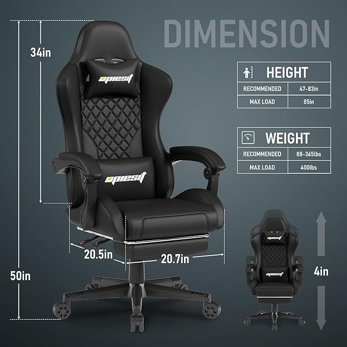 Gaming Chair,Ergonomic Computer Chairs for Adults with Footrest, PU Leather Office Chair with Adjustable Lumbar Support & Pocket Spring Cushion - Heavy Duty 400lb Capacity Gamer Chair(Black)-DeskLoop Office