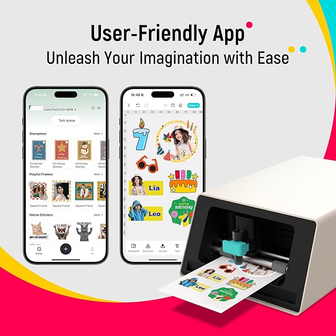 Liene PixCut S1 Photo Sticker Printer Creator Plus Pack - All-in-One Sticker Maker Machine for DIY Crafts, Custom Labels & Gifts, Thermal Dye-Sublimation, 300 DPI Prints, Precise AI Auto-Cutting-DeskLoop Office