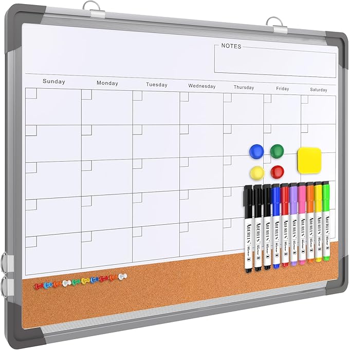 Monthly Calendar Whiteboard Dry Erase Cork Board Combination for Wall, 24"x18" Magnetic Dry Erase Board, Double-Sided White Board, Portable Board for Office, Kitchen, Planning, Memo, School, Home-DeskLoop Office