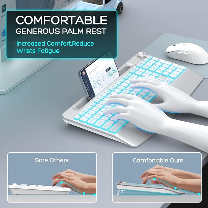 Wireless Keyboard and Mouse Backlits - Full-Sized Ergonomic Lighted Keyboard with Wrist Rest, Phone Holder,2.4GHz Rechargeable Silent Keyboard Mouse Combo for Computer, Laptop, PC, Mac -White-DeskLoop Office