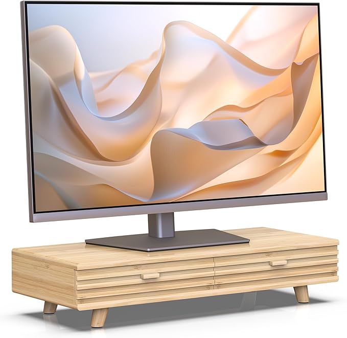 Bamboo Monitor Stand with Drawer - Desk Organizer with Cable Management & Storage, Ergonomic Laptop Riser for Home Office (220lbs Capacity, 24 inch ,Natural)-DeskLoop Office