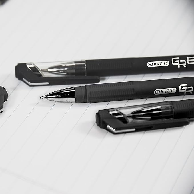 BAZIC Oil Gel Fuse Tech Ink Pen, GR8 Black Color w/Rubberized Barrel, 0.7 mm Medium Point Smooth Writing, for Office School (3/Pack), 24-Pack-DeskLoop Office