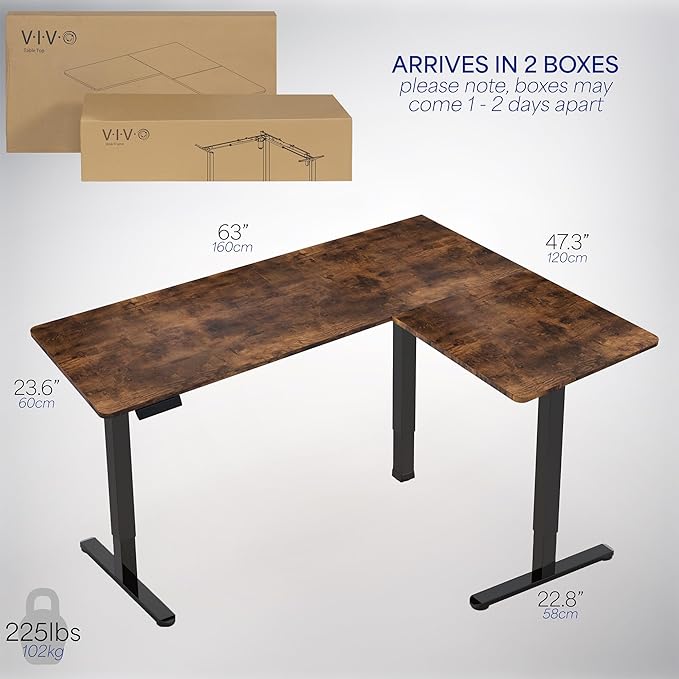 VIVO Electric Corner L-Shaped 63 x 47 in Rustic Standing Desk, Memory Height Adjustment, Vintage Brown Top Black Frame, DESK-E3CTN-47-DeskLoop Office