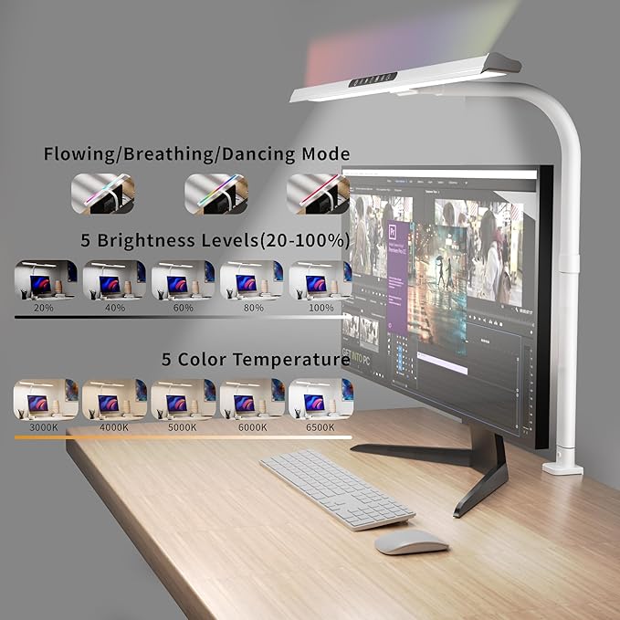 2-in-1 Desk Lamp with RGB Backlight,Architect Desk Lamps for Home Office,24W Tall Desk Lamp with Clamp,60"Timer,25 Lighting Modes,Eye Protection Swing Arm Lamp for Home/Office/Gaming/Study-DeskLoop Office