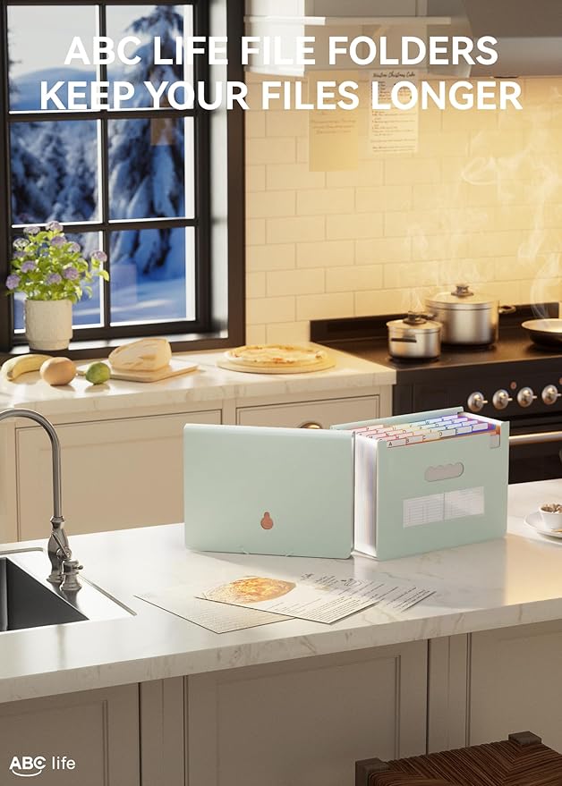 ABC life 26 Pockets Accordian File Organizer Expanding File Folders, Portable Letter A4 Size Filing Box,Plastic Monthly Receipt Document Organizer with Colored Tabs (Sage Green)-DeskLoop Office