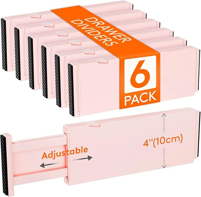 Lifewit 6 Pack Drawer Dividers 4" High, 11-17" Adjustable Drawer Organizers for Clothes, Expandable Dresser Separators in Bedroom/Bathroom/Kitchen/Fridge/Office Organization and Storage, Pink-DeskLoop Office