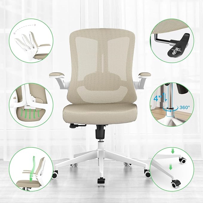 Office Chair, Ergonomic High Back Comfy Desk Chairs and Flip-up Armrest Lumbar, Swivel Tilt Function Backrest Computer Chair,PU Rolling Wheels Capacity 350LBS (Khaki)-DeskLoop Office