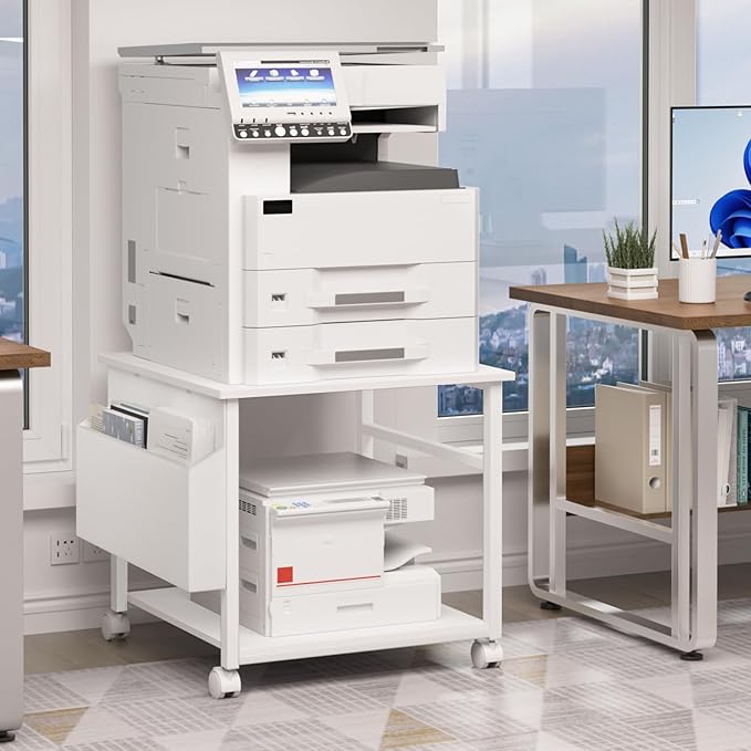 Lerliuo Large Printer Stand with Storage Shelf, 23.6 x 23.6 x 22.8 Industrial Printer Table for Home Office, Rolling Printer Cart Holder with Lockable Wheels, Mobile Mini Fridge Stand Table (White)-DeskLoop Office