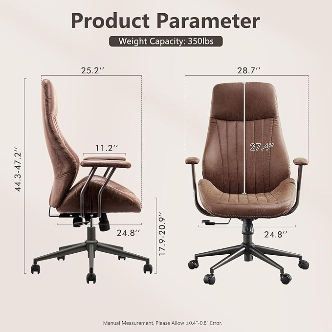Mid Century Modren Office Chair - High Back Swivel Executive Chair with Lumbar Support,Ergonomic Computer Desk Chair with Wheels,Faux Lether Suede Task Chair,350lbs(Dark Brown, High Back)-DeskLoop Office
