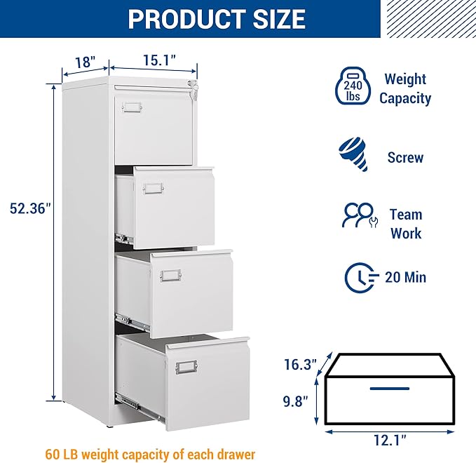 File Cabinets - 4 Drawers Vertical 17.8" Deep Lockable Filing Cabinet - White Metal Storage Cabinets for Home Office to Hanging Files Letter/Legal/F4/A4 Size-DeskLoop Office