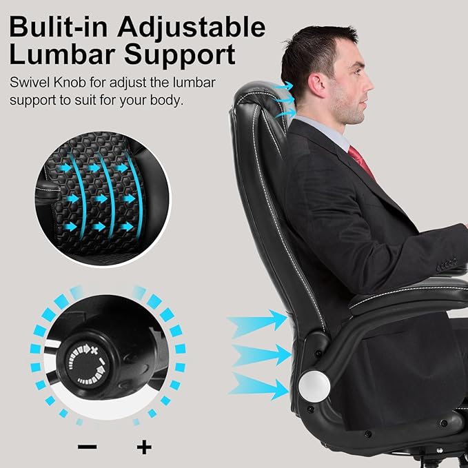 Home Office Chair, Executive Comeputer Desk Chair Ergonomic Office Chair with Adjustable Lumbar Support, Tilt Lock, PU Leather, Swivel Rolling Chair for Gaming Adult Working Study-Black-DeskLoop Office