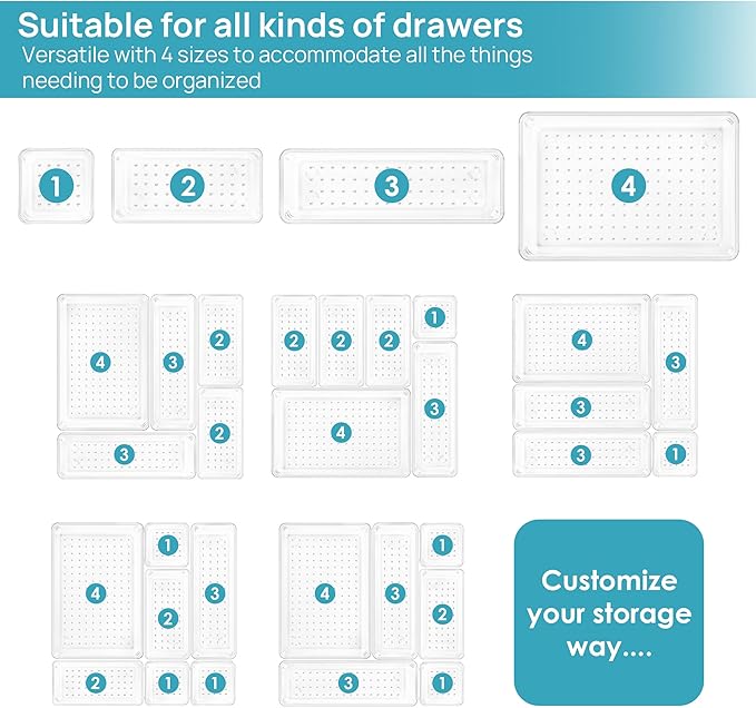 Vtopmart 25 PCS Clear Plastic Drawer Organizers Set, 4-Size Versatile Bathroom and Vanity Drawer Organizer Trays, Storage Bins for Makeup, Bedroom, Kitchen Gadgets Utensils and Office-DeskLoop Office