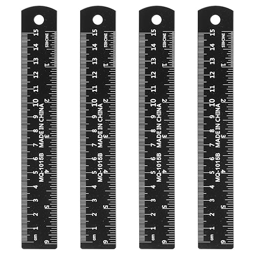 HARFINGTON 4pcs Metal Straight Ruler 15cm Metric SAE Aluminum Alloy Measuring Rulers Scale Tool with Hole for Measure Study Reading Classroom Office, Black-DeskLoop Office