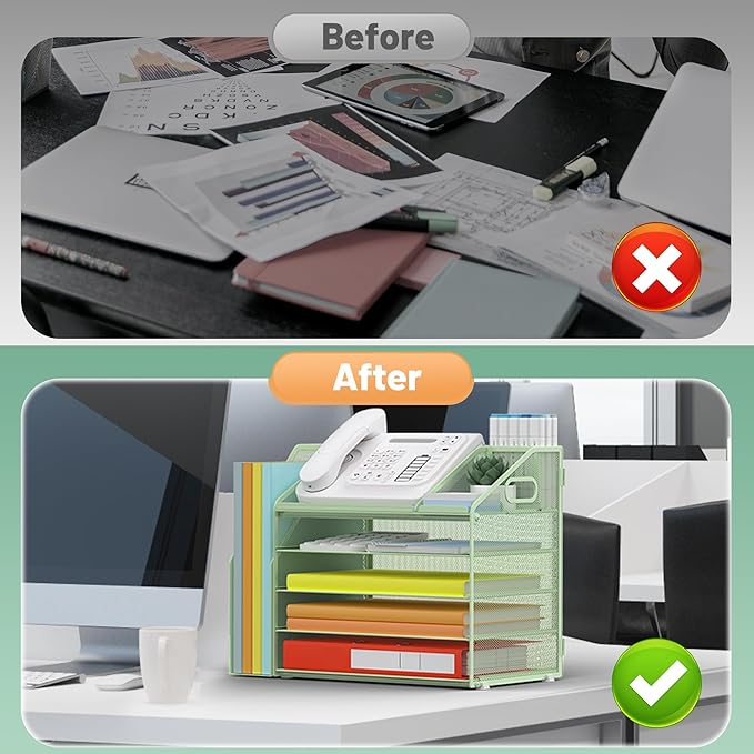 DocNest 5 Tier Paper Letter Tray File Organizer, Mesh Desk File with Handle, Workspace Desk Organizers with Pen Holder, Office Organization Storage Accessories - Green-DeskLoop Office