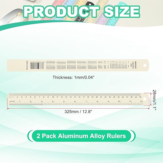 PATIKIL 30cm/12 Metal Ruler, 2 Pack Aluminum Alloy Rulers with Centimeters, Millimeters, Inches and Conversion Table Straight Edge Ruler for Writing Machinist Drafting, Beige-DeskLoop Office