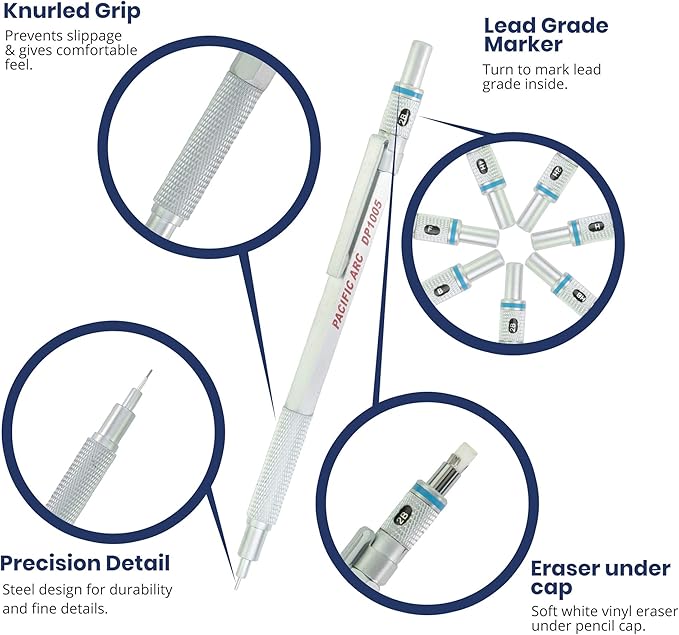 Pacific Arc Chromagraph Metal Mechanical Pencil .5 mm Silver Barrel Mechanical Pencil with Built In Lead Pencil Grade Indicator, Lead Pencil Holder for Drafting, Sketching, and Drawing-DeskLoop Office