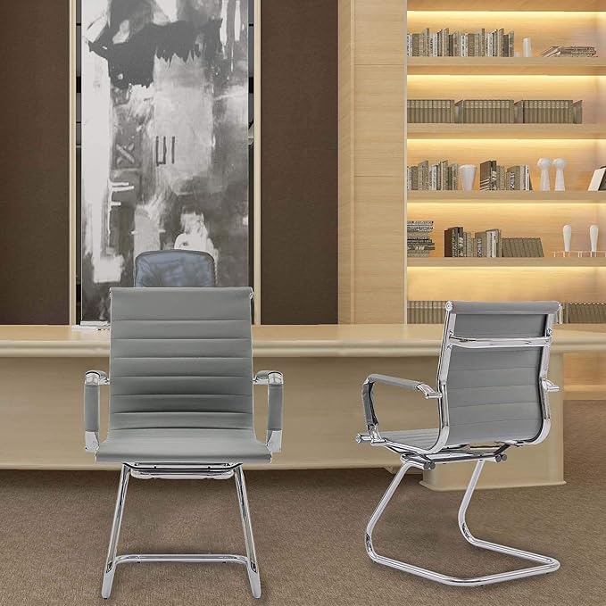 Office Desk Chair Set of 6,No Wheels PU Leather Computer Chairs Mid Back Guest Chairs with Seld Base for School/Reception/Conference/Waiting Room,Grey-DeskLoop Office