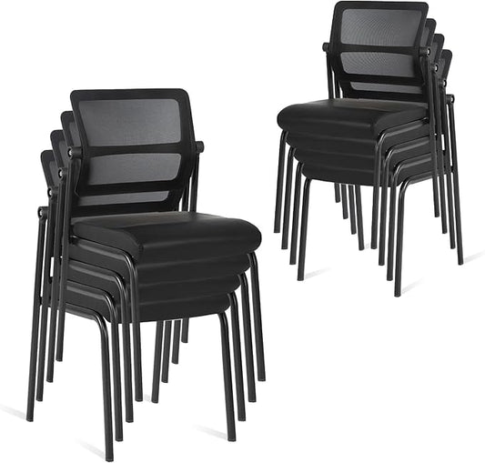 CLATINA Stackable Waiting Room Chair with Adjustable Mesh Backrest, Armless Office Guest Reception Chairs with Leather Cushion and Ergonomic Lumbar Support for Conference Lobby Side School, Black, 8PK-DeskLoop Office