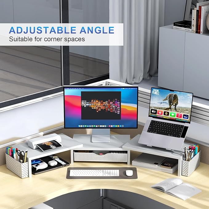 gianotter Dual Monitor Stand Riser, Desk Organizer With Drawer and 2 Pen Holders, Monitor Stand for Desk, Office Decor Essentials (White)-DeskLoop Office