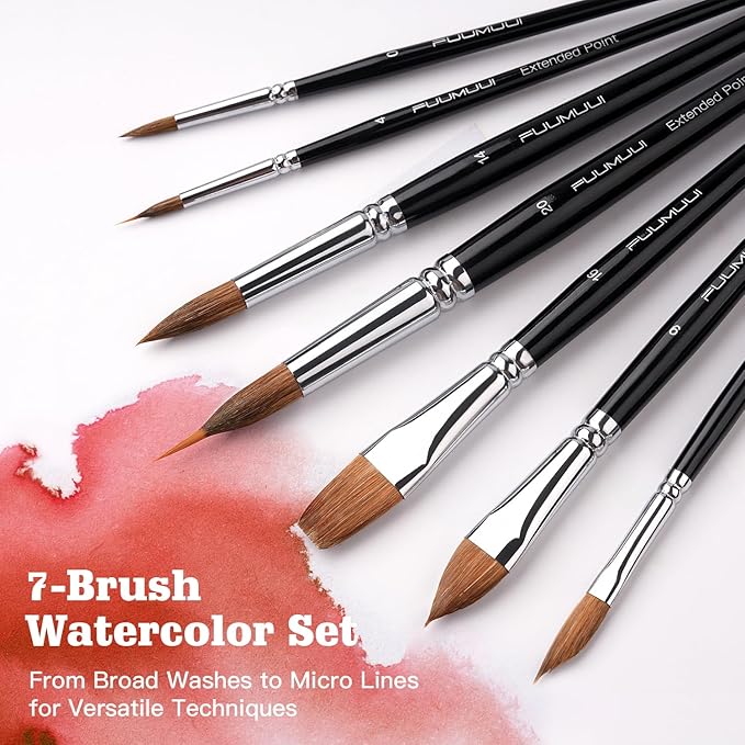 Sable Watercolor Brushes, Fuumuui 7pcs Professional Artist Paint Brushes Set with Extended Needle, Round Point, Flat, Dagger, Cat's Tongue for Watercolor, Acrylic, Gouache – Detail & Wash Painting-DeskLoop Office