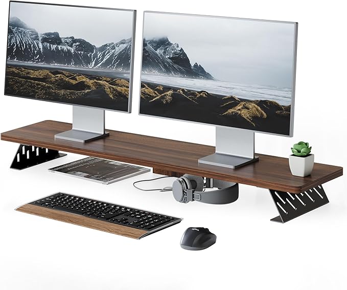 Fenge Dual Monitor Stand Riser, 42.5 Inch Desk Top Shelf for 2 Monitors, Computer Stands for Desk, Wood & Steel Desktop Riser for Laptop, PC, Printer-DeskLoop Office
