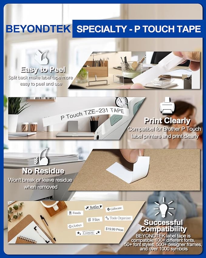 8Pk Replace for Brother Label Maker Tape 12mm 0.47 White Work with Brother P Touch Label Tape TZ TZe 1/2" Black on White TZe-231 for P-Touch PT-H103w H110 D210 D220 D400 1180 1280 1890 2040,8m 26.2ft