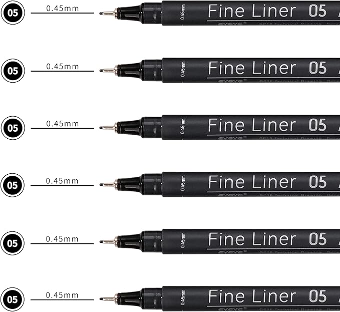 EYEYE Micro Pens, Black Drawing Art Pen,6 Pack 0.45mm Archival Pens Waterproof Ink Set Artist Supplies Archival Inking Markers Sketch Outline Pen, Precision Drawing and Sketching Kit-DeskLoop Office