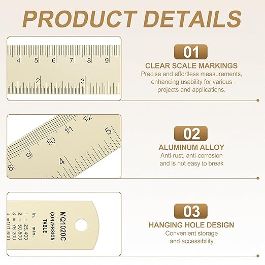 HARFINGTON 2pcs Metal Straight Ruler 20cm Metric SAE Aluminum Alloy Measuring Rulers Scale Tool with Hole for Measure Study Reading Classroom Office, White-DeskLoop Office