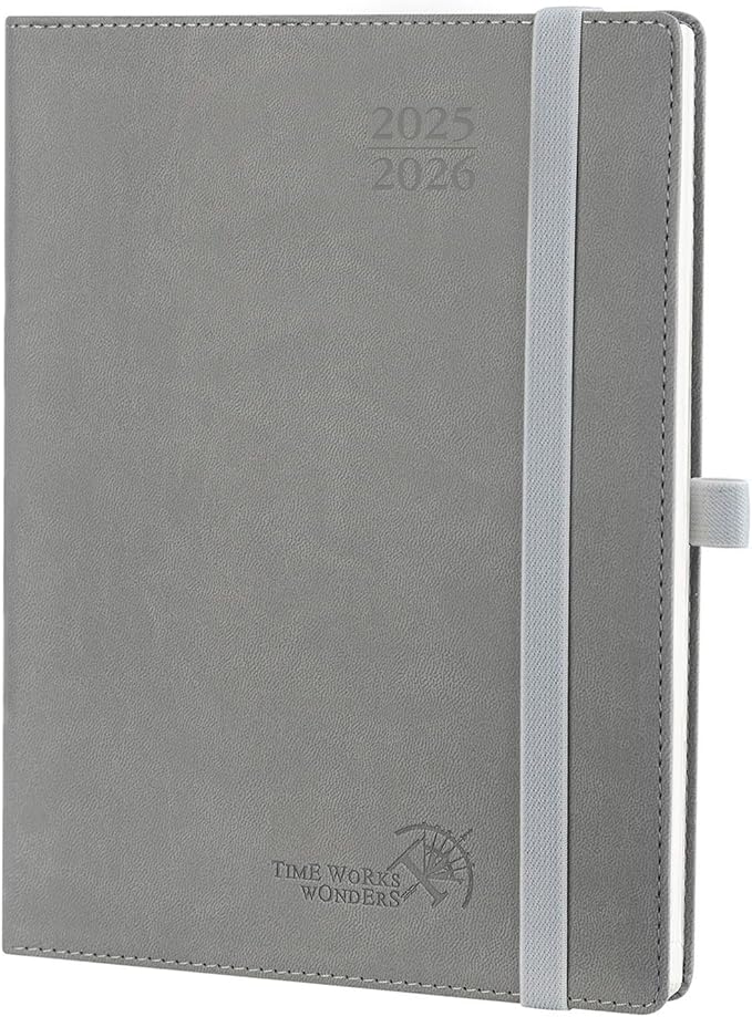 POPRUN Planner 2025-2026 (Medium - 6.5'' x 8.5'') Academic Weekly Calendar (July 2025 - June 2026) with Hourly Time Slots, Monthly Tabs, 100GSM Thick Papers, Leather Soft Cover - Grey-DeskLoop Office