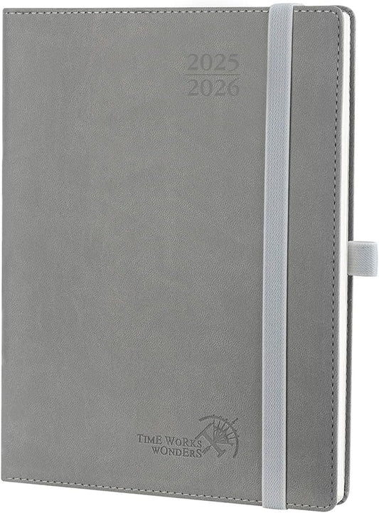 POPRUN Planner 2025-2026 (Medium - 6.5'' x 8.5'') Academic Weekly Calendar (July 2025 - June 2026) with Hourly Time Slots, Monthly Tabs, 100GSM Thick Papers, Leather Soft Cover - Grey-DeskLoop Office