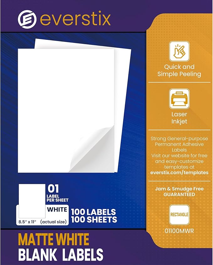 8.5" x 11", 100 Sheets, 100 Printable White Sticker Paper, Full Sheet Shipping Labels for Laser & Inkjet Printers, Letter Size-DeskLoop Office