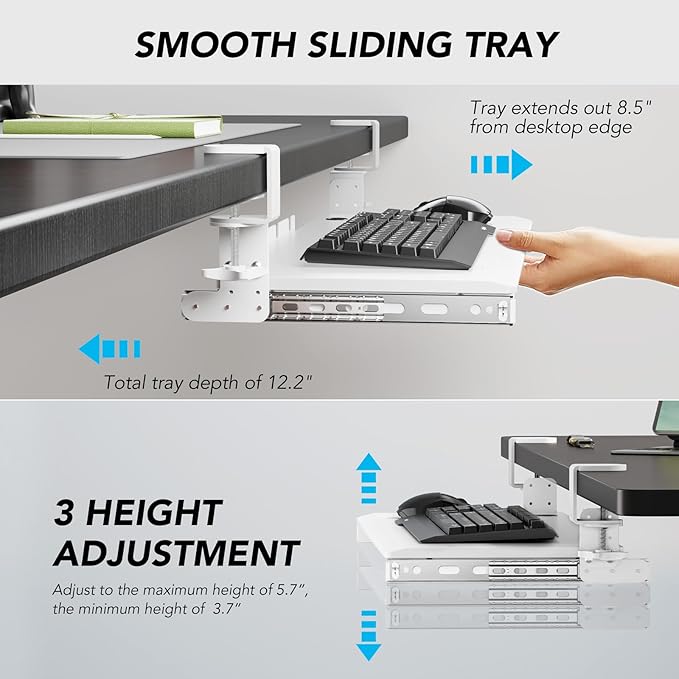 Keyboard Tray Under Desk Pull Out with Extra Sturdy C Clamp Mount System, 27.3 (32.5 inch Including Clamps) x 11 Inch Slide-Out Platform Computer Drawer for Typing White AX01WW01-DeskLoop Office