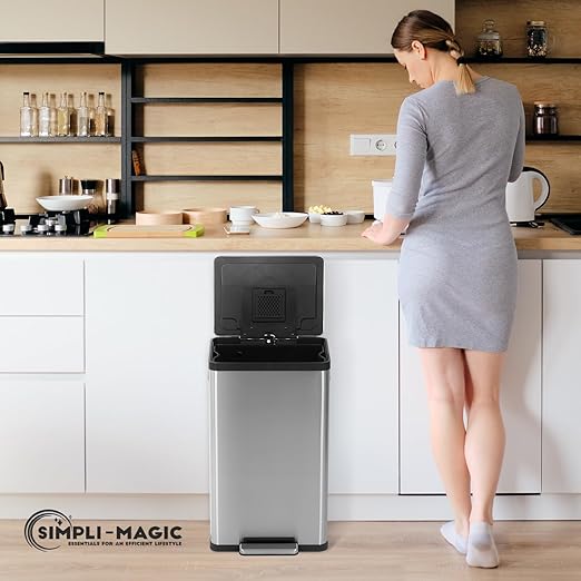 SIMPLI-MAGIC 50 Liter / 13.2 Gallon Soft-Close, Smudge Resistant Trash Can with Foot Pedal and Built in Filter- Stainless Steel, Sleek Finish-DeskLoop Office