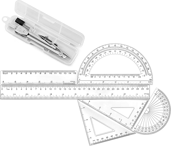 Zonon 1 Set Plastic Geometry Math Set Includes Drawing Compass, 6 and 4 Inch Protractor, 45/60 Degree Triangle Rulers 12 and 6 Inch Math Ruler Transparent for Office Supplies(Clear)-DeskLoop Office