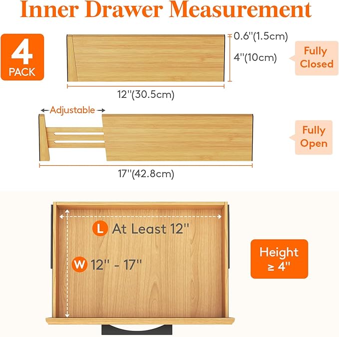 Lifewit 4 Pack Drawer Dividers Bamboo 4" High, 12-17" Adjustable Drawer Organizers for Clothes, Expandable Dresser Separators in Bedroom/Bathroom/Kitchen/Fridge/Office Organization and Storage-DeskLoop Office