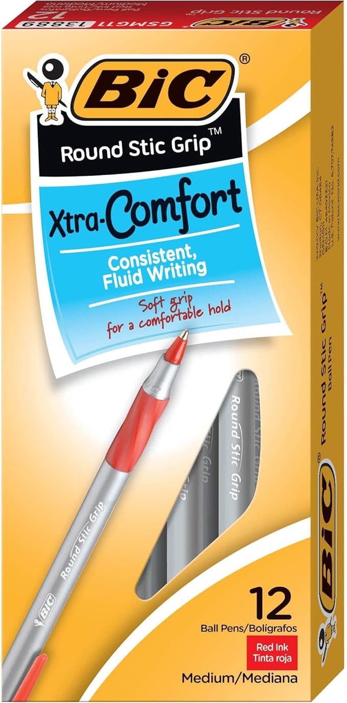 BIC Round Stic Grip Xtra Comfort Ballpoint Pen, Medium Point (1.2mm), Red, 12-Count